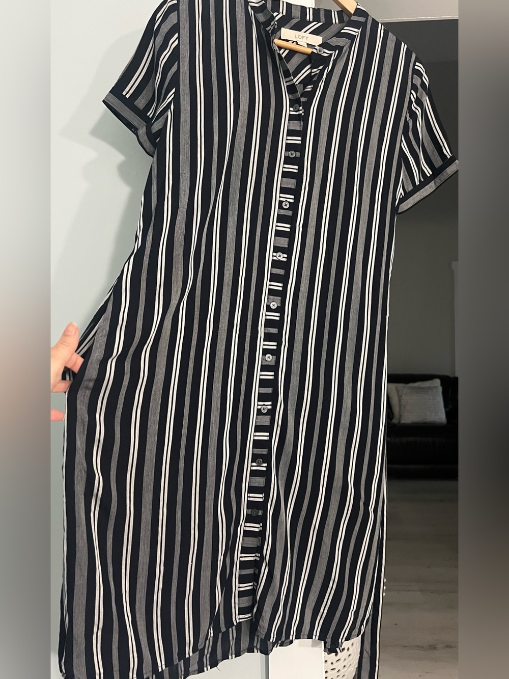 LOFT Black and White Vertical Stripe Midi Shirt Dress with Tie size M